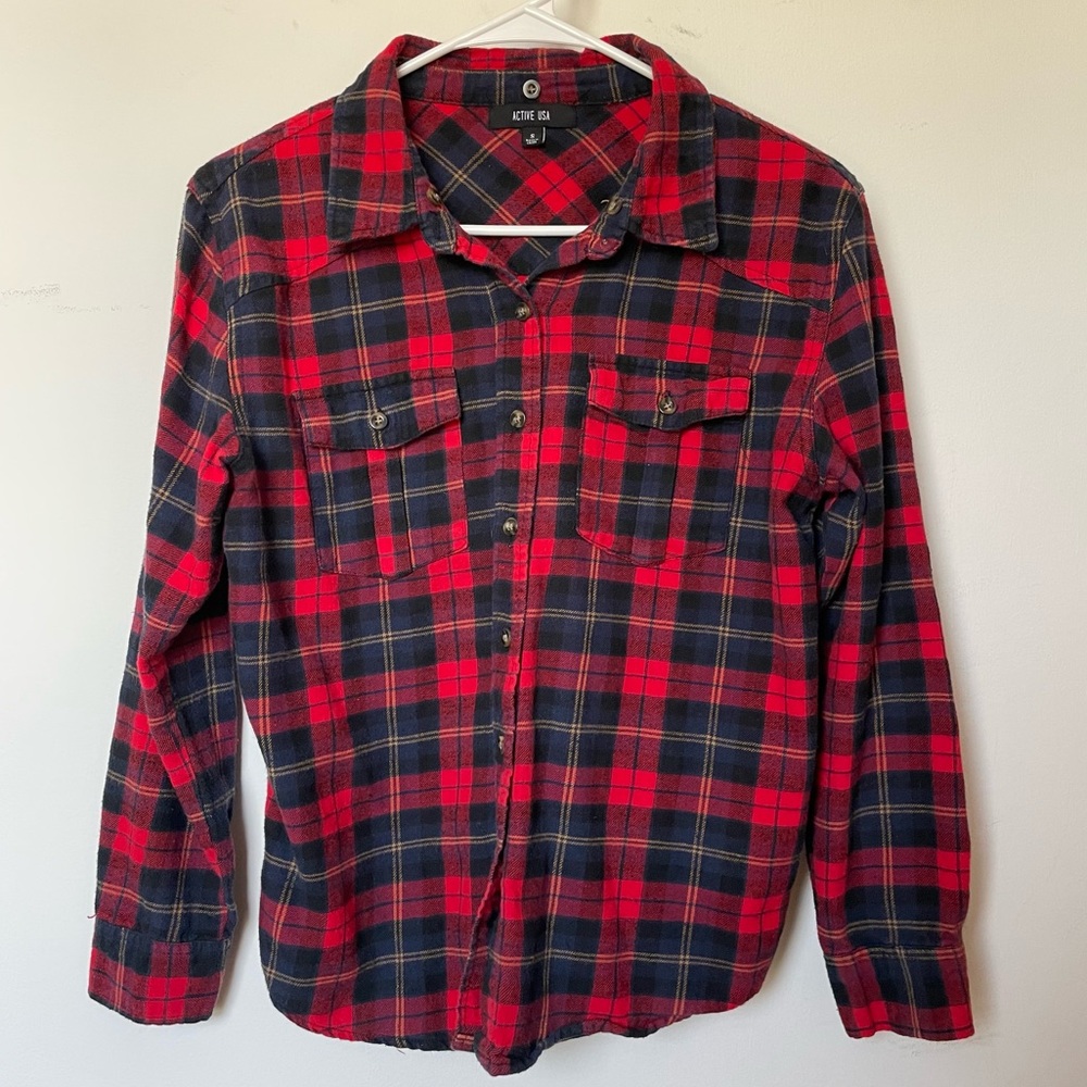 Super cute red, blue, & gold flannel